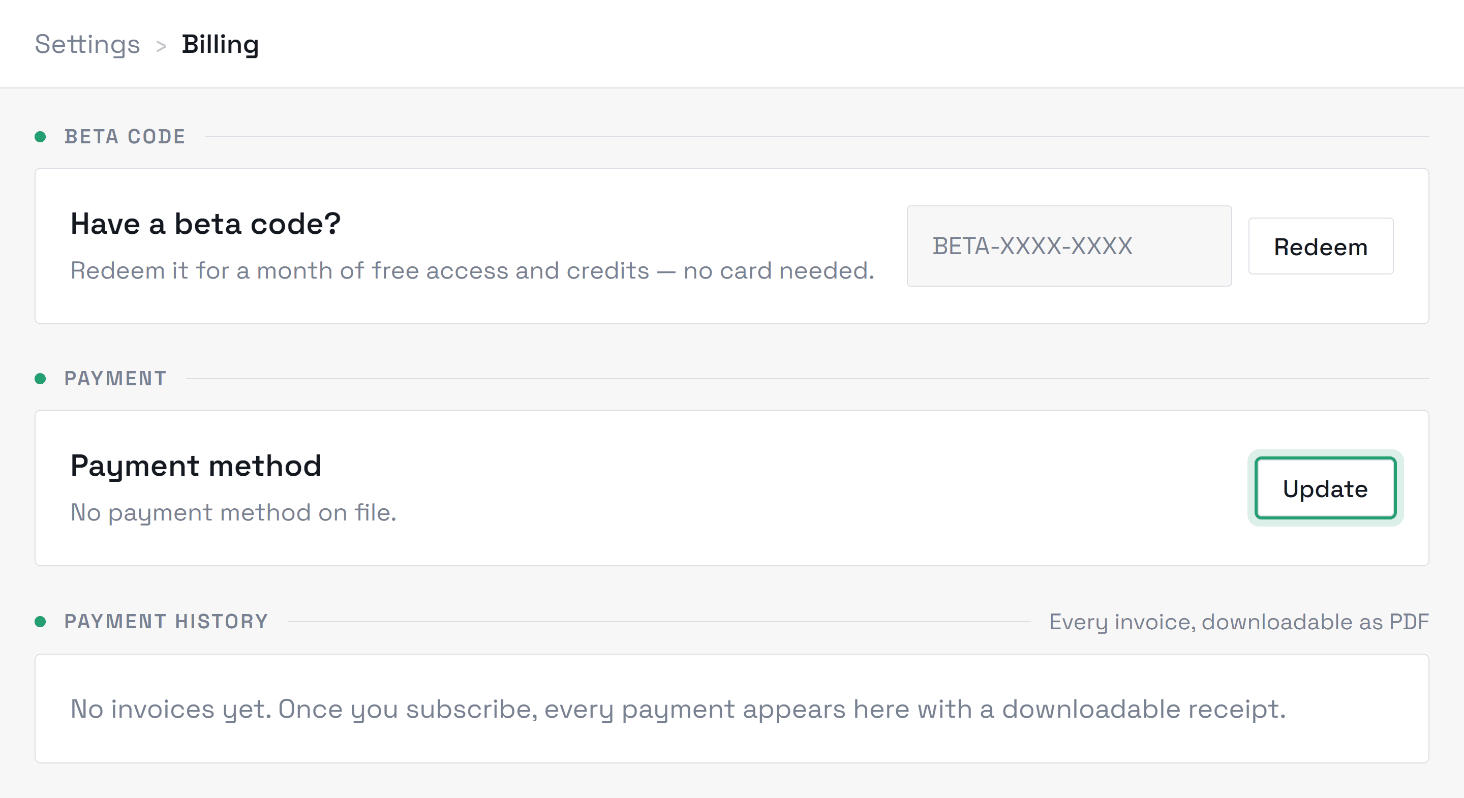 Settings → Billing, showing the payment method and payment history sections