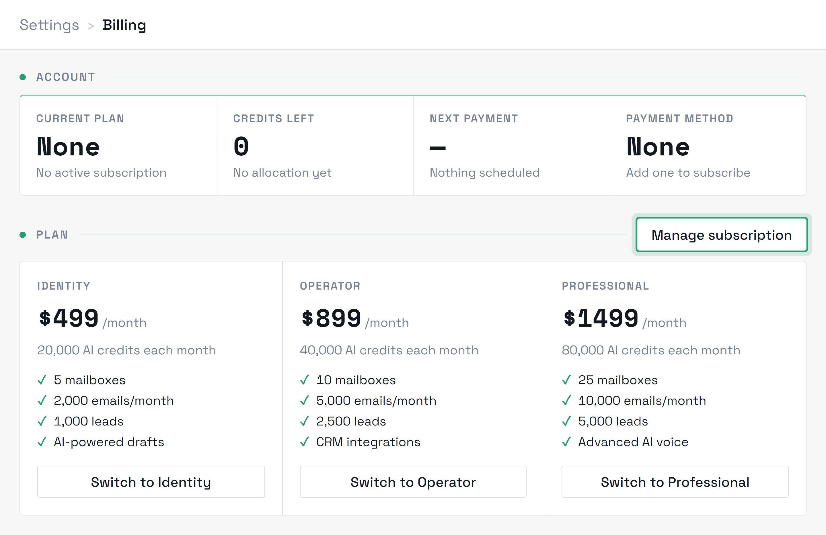 Settings → Billing, showing the account summary and the three plans