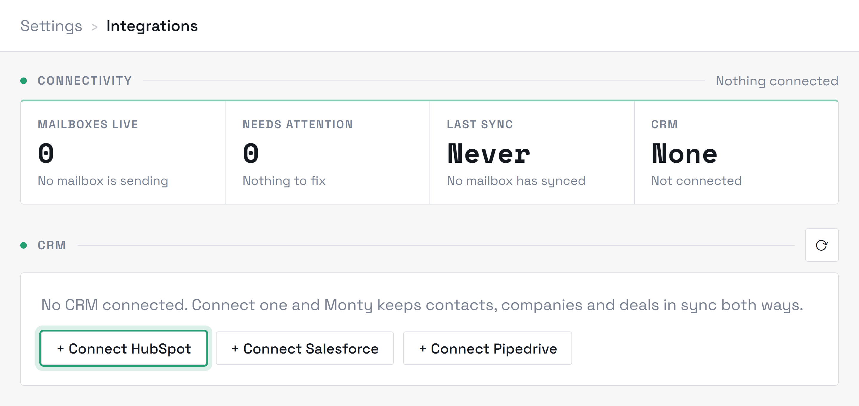 Settings → Integrations, showing connectivity tiles and the three CRM connect buttons