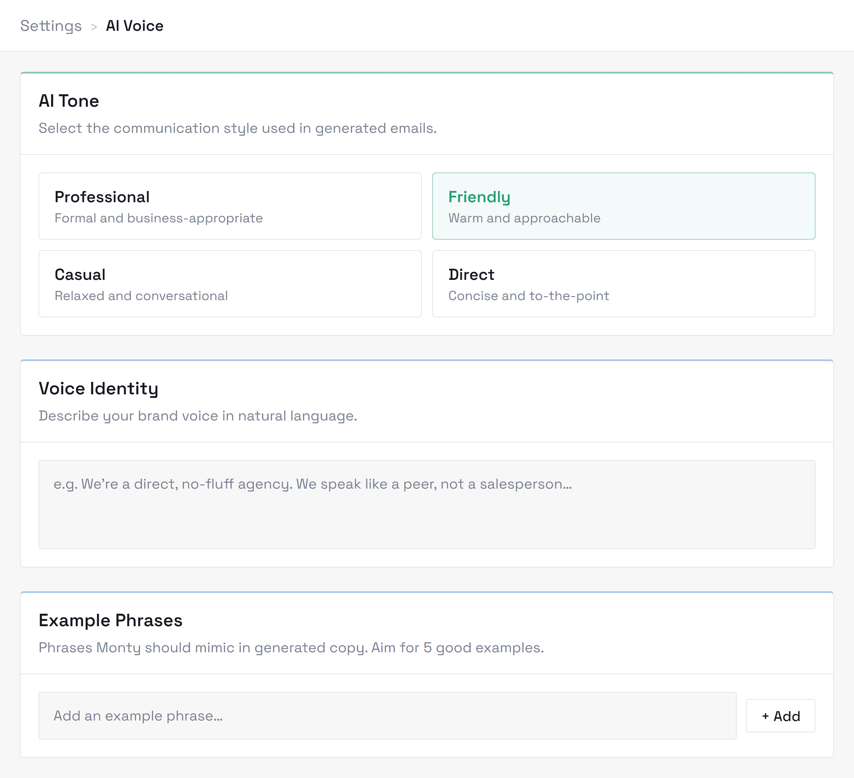 Settings → AI Voice, showing tone options, voice identity and example phrases
