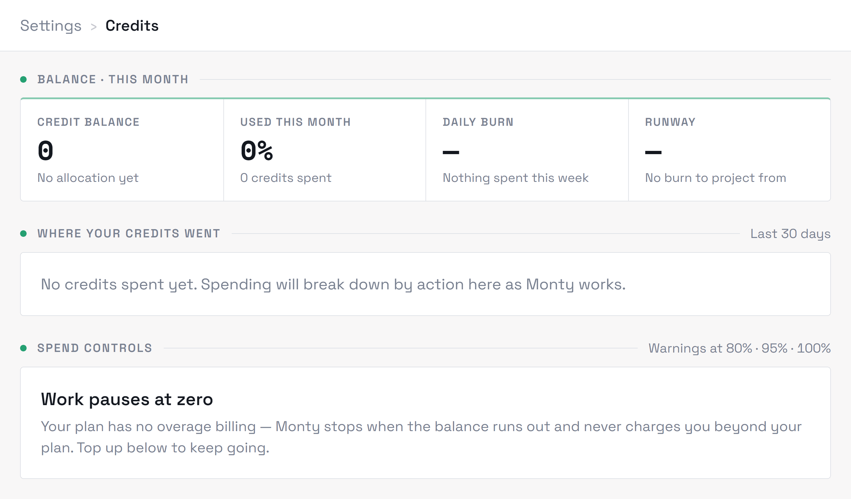 Settings → Credits, showing balance, usage breakdown and spend controls