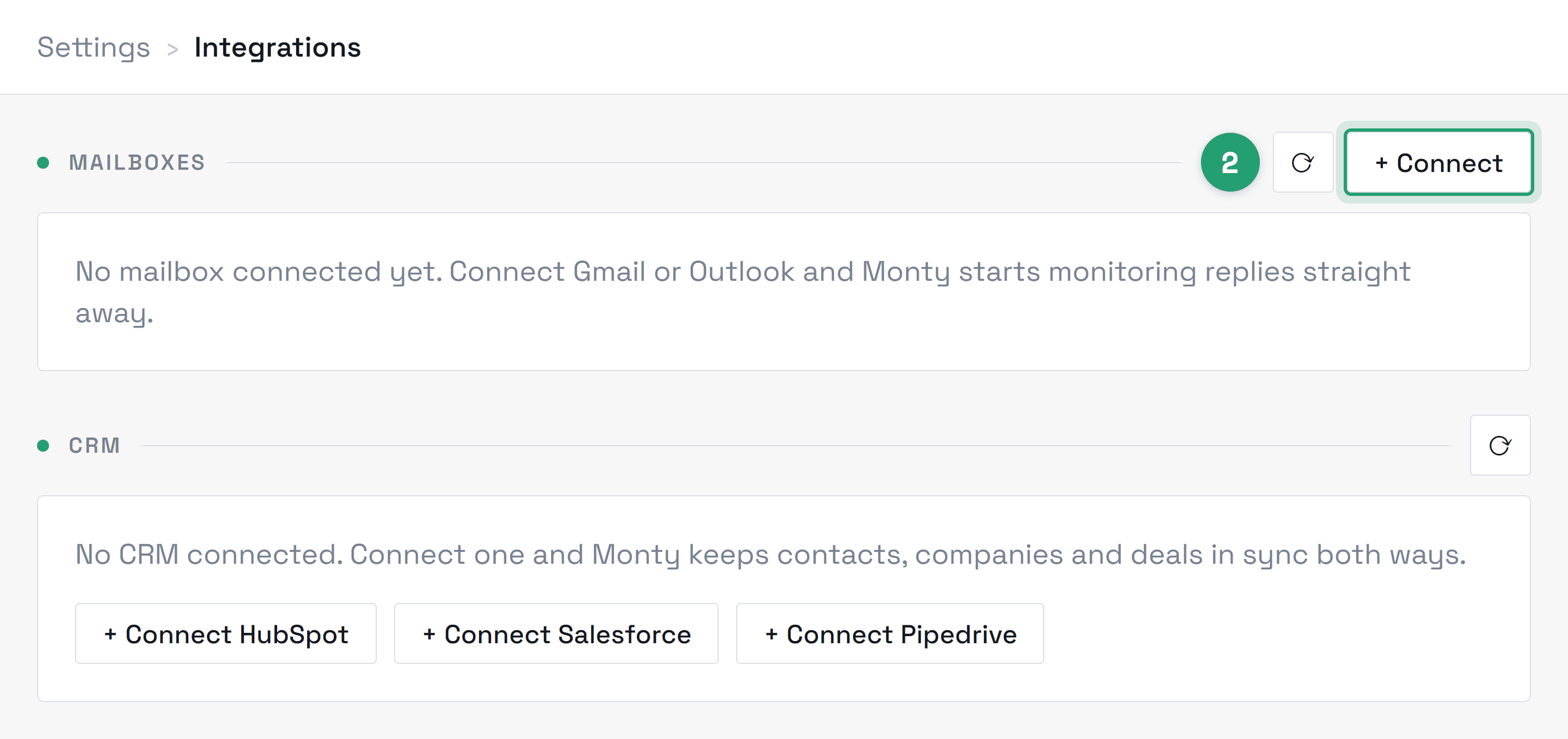 Settings → Integrations, with the Connect button beside the Mailboxes section marked as step 2